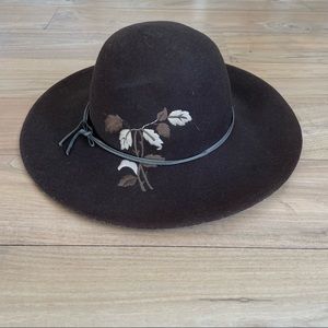 Goorin Bros: Brown Bohemian Felt Floppy Hat with Leaf Embroidery & Leather Tie